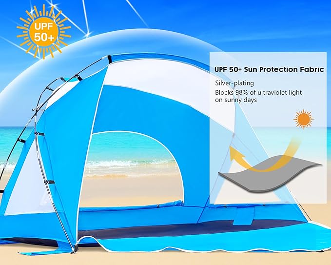 Beach Tent, Portable Sun Shelter for 2/3/4/6-8 Person with UPF 50+ UV Protection, Easy Setup Waterproof Beach Shade Canopy Cabana for Family Outdoor and Picnics, Fishing with Carrying Bag