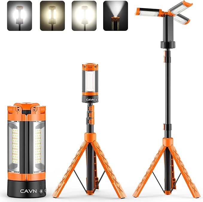 CAVN Rechargeable 10000mAh Camping Lights with Stand 6.5 ft Max Height, Portable Cordless LED Work Light 2200 Lumens 6500/4500/3500K Dimmable Camping Essentials Gear with Detachable Tripod, Orange