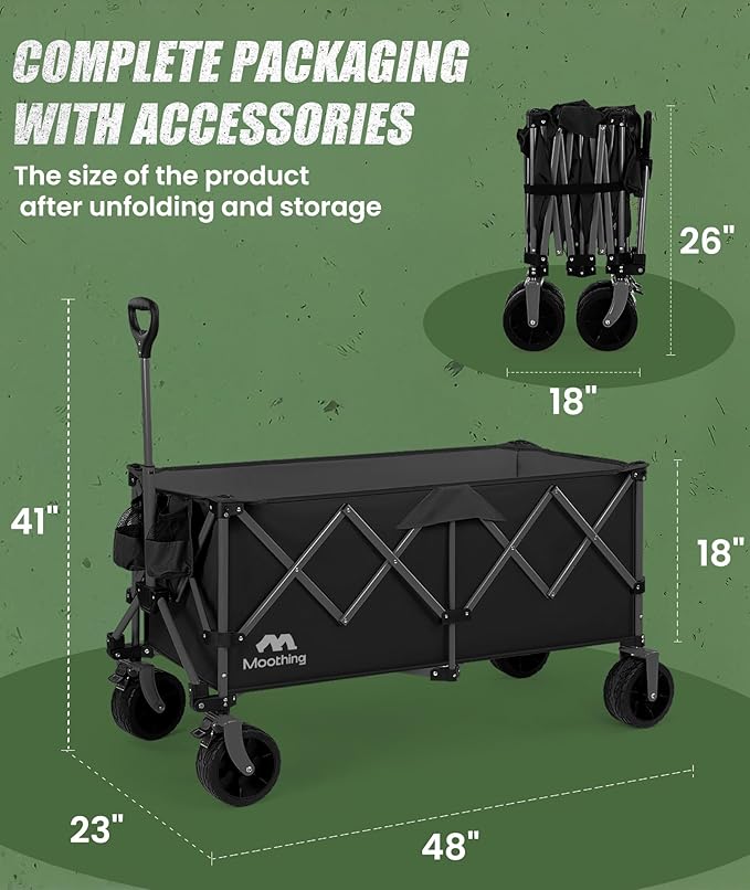 48”L Foldable Wagons Carts Extended, Collapsible Folding Wagon 500lbs Heavy Duty, 400L Large Beach Wagon, Utility Wagon with All Terrain Big Wheels for Sports, Camping, Grocery, Garden, Black
