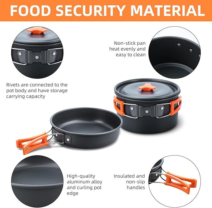 LIXADA 16pcs Camping Cookware Mess Kit, Non-Stick Lightweight Pot Pan Kettle Set with Stainless Steel Plates Forks Knives Spoons, Portable Camping Cooking Set for Outdoor Backpacking Hiking Picnic