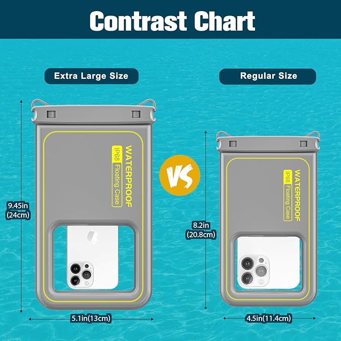 JOTO [IP68 Floatable Large Floating Waterproof Phone Pouch Up to 10", Underwater Phone Case Cellphone Dry Bag for iPhone 16 15 14 13 12 11 Pro Max Xs Max XR X 8 7 Plus SE/Galaxy S24 S23 S22 -Grey