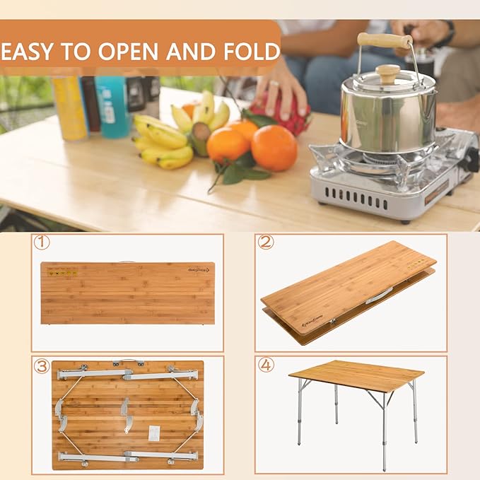 KingCamp Lightweight Stable Folding Camping Table Bamboo Outdoor Folding Tables Adjustable Height Portable Picnic
