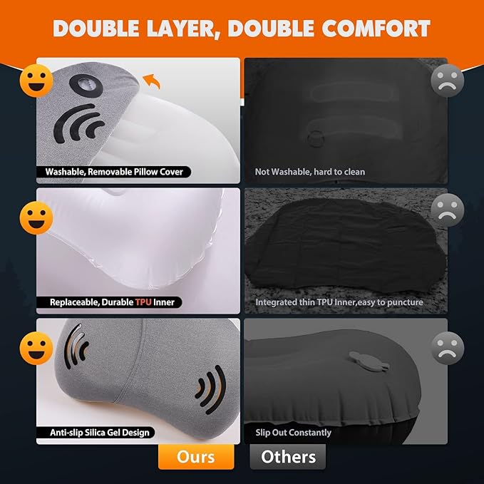 Hikenture Inflatable Pillow for Camping, Washable Backpacking Pillow for Sleeping, Ultralight Blow Up Pillows with Removable Cover, Portable&Compact Hiking Pillow for Beach, Travel, Outdoor(Grey)