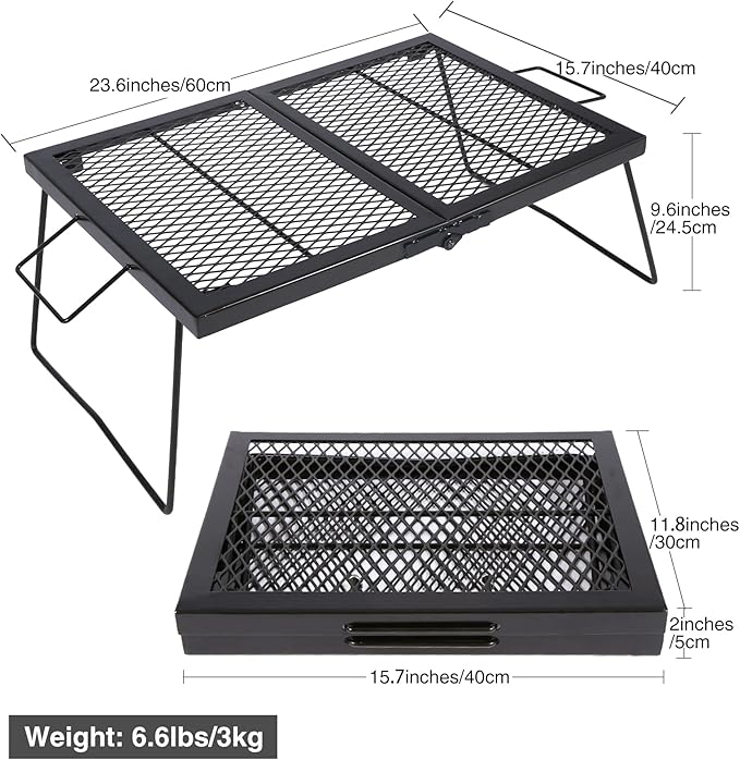 Folding Campfire Grill Grate, Portable Heavy Duty Steel Over Fire Camp Grill for Outdoor Camping Cooking Fire Pit, Black Folded in Half