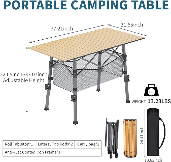 Portable Camping Table with Adjustable Legs, Picnic Table Lightweight Aluminum Roll-up beach tables for sand foldable, Folding Table with Large Storage Basket for Outdoor camping, BBQ and party