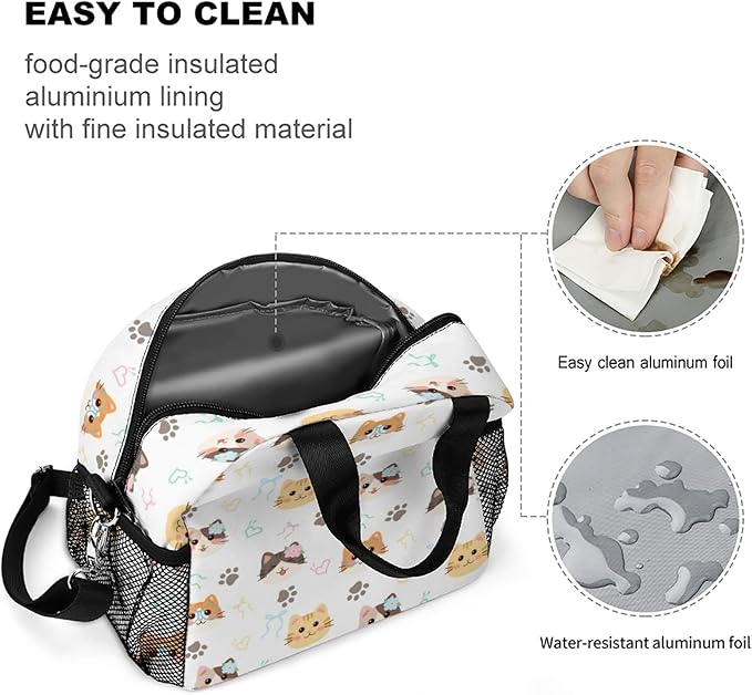 Lunch box Kids,Insulated Cat Lunch Bag Cute Small Pink Lunch Totebag Reusable Leakproof Corgi Lunch Bag With Shoulder Strap for Girls Boys Women School Work Picnic (ice cat)