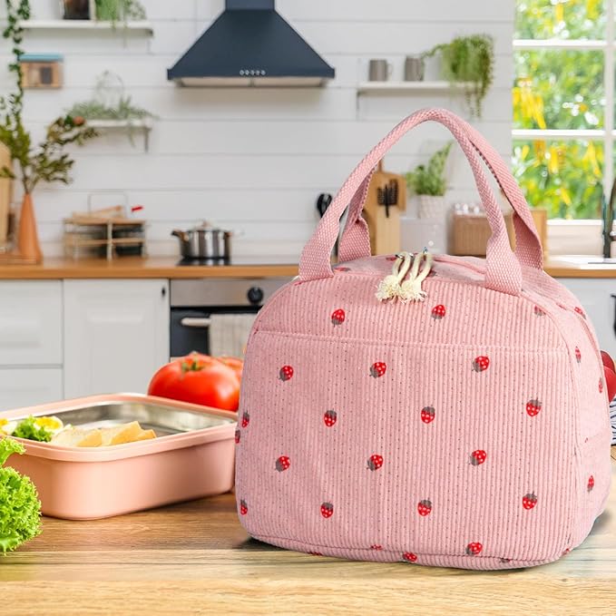 Corduroy Insulated Lunch Bag, Pink with Strawberry Pattern, Thermal Cooler Tote, Portable Large Capacity for Work or Picnic, 8.5L