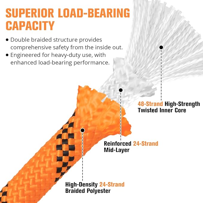 Double Braided Arborist Rigging Rope - 1/2 in X 120 ft 48 Strands Outdoor Pulling Heavy Duty Polyester Bull Rope for Swing Tree Work Camping Rescue Hiking Logging - Orange