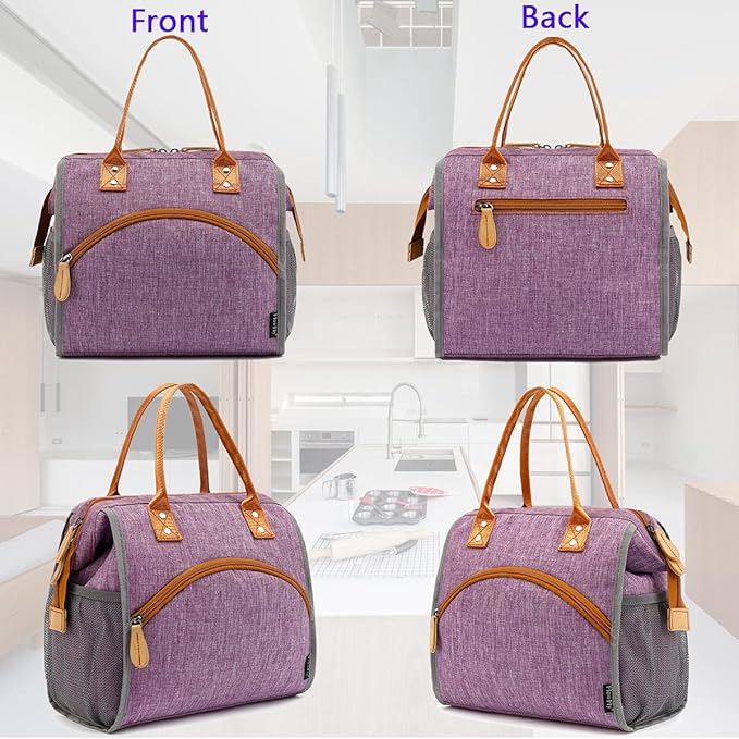 FlowFly Insulated Lunch Bag Wide-Open Lunch Box Large Tote Leakproof Cooler with Drink Holder and Multi Pockets for Women Men Adult Kids Work Picnic Travel Beach Hiking, Purple