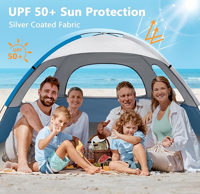 NXONE Beach Tent Sun Shade Shelter for 6 Person with UV Protection, Extended Floor, 3 Mesh Roll Up Windows & 8.5mm Fiberglass Rods丨Carry Bag Included (Blue White)