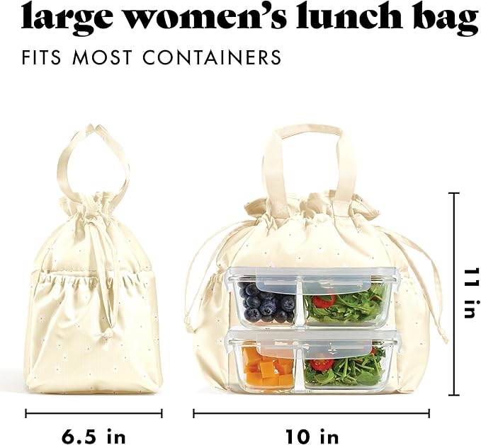 Fit & Fresh Lunch Bag For Women, Insulated Womens Lunch Bag For Work, Stain-Resistant Large Lunch Box For Women With Containers, Cinch Closure Cromwell Bag, Ivory Daisies