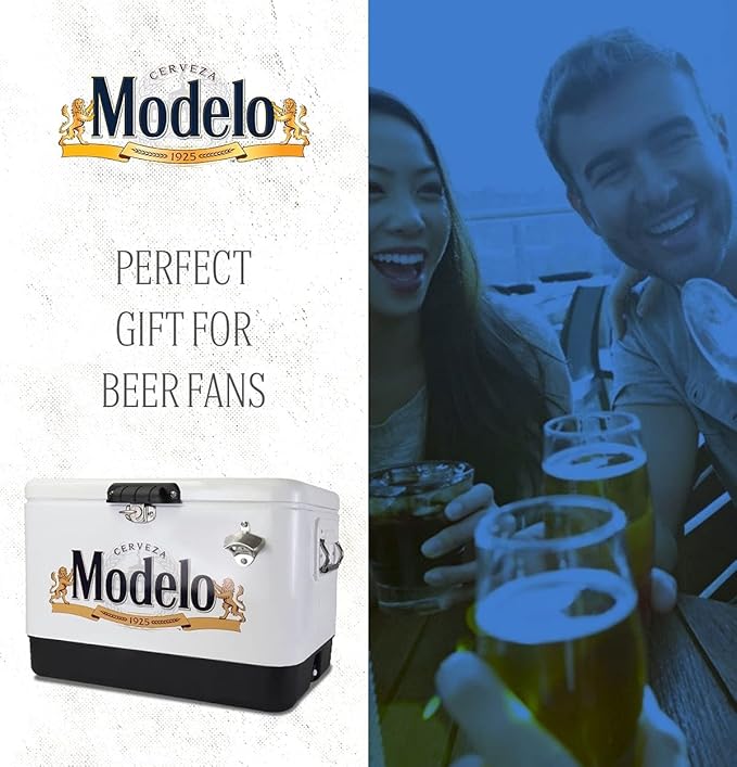 Modelo Ice Chest Cooler - Portable Ice Bucket with Bottle Opener, Vintage Style, Insulated for Camping, Beach, Picnic, RV, BBQs, Tailgating, Fishing, Stainless Steel 85 Can Ice Box, 51L (54 qt)