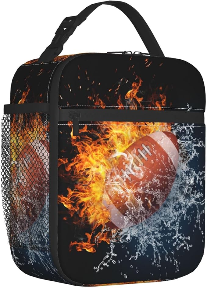 American Football Lunch Bag For Boys Girls, Reusable Fire Water Sport Lunch Box Insulated Portable Lunch Tote For Kids School Men Women Adults Work Travel