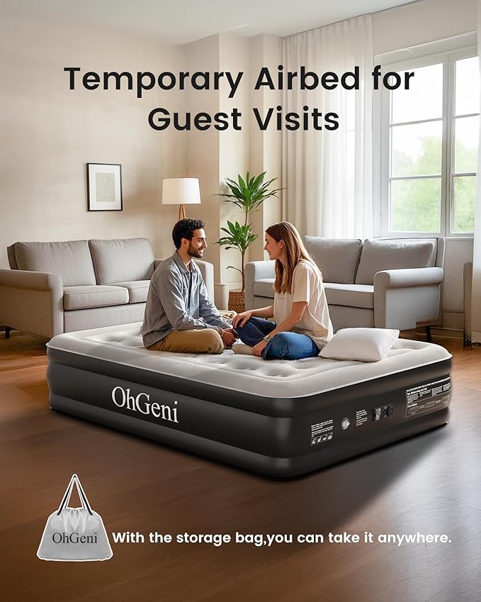 OhGeni Air Mattress Full with Built-in Pump,18'' Comfortable Blow Up Colchones Inflables Mattress for Home,Guests,Foldable,Portable Bed for Adults,Durable Airbed Supports Up to 600 lbs,Black
