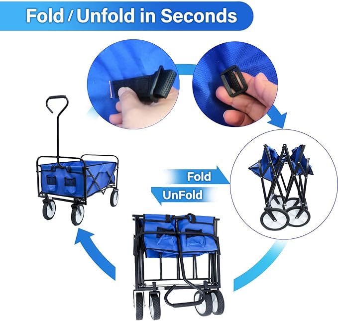Collapsible Folding Wagon Garden Shopping Beach Cart,Heavy Duty Utility Buggy with Big Wheels,Adjustable Handle and Cup Holder,for Sand,Camping,Outdoor,40.55",Blue