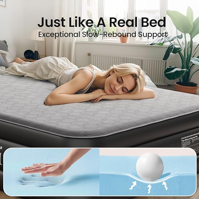OhGeni 18" Luxury Twin Air Mattress with Built-in Pump, Inflatable Bed with Silk Foam Topper for Superior Comfort, Premium Blow-Up Mattress for Home, Camping & Guests, Easy Setup, Extra Support, Black