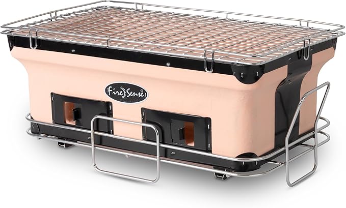 Fire Sense 60450 Yakatori Internal Grates Charcoal Chrome Cooking Grill Japanese Table BBQ Handmade Using Clay Adjustable Ventilation For Outdoor Barbecues Camping Traveling - Large - Tan