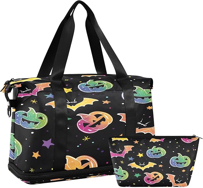Pumpkins and Bats Travel Duffel Bag Waterproof Gym Sport Tote Bag Carry On Weekender Bag with Compartment