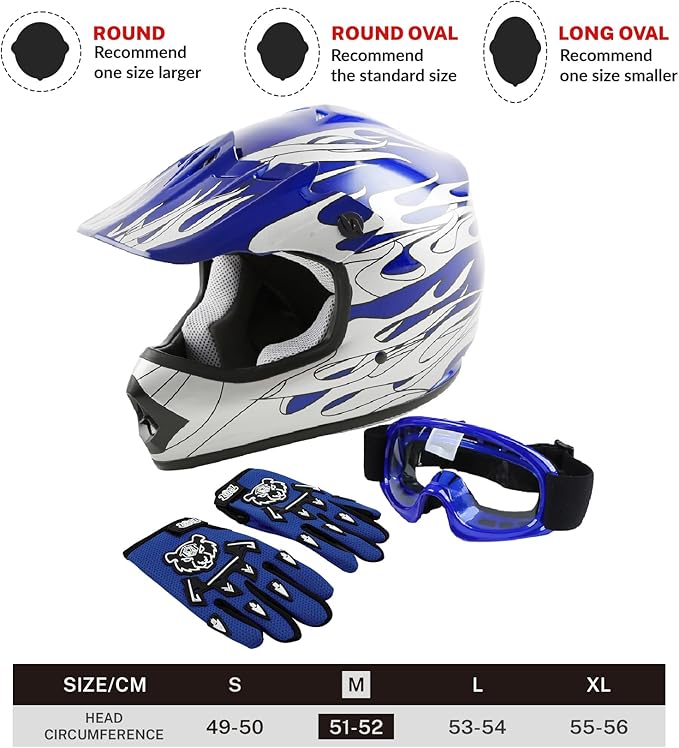 TCT-MOTORPARTS DOT Youth Kids Motocross ATV Four Wheeler Riding Racing Helmets Offroad Street Dirt Bike Go-Kart BMX MX Full Face Helmet Blue Flame Medium Size