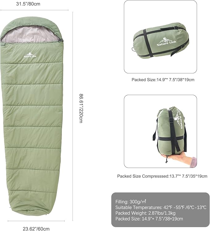 Lightweight Mummy Sleeping Bag 2.87lbs, Backpacking Sleeping Bag 42℉-55℉, Nylon Shell and Lining, Compact, Ultralight Sleeping Bag for Backpacking Camping Hiking