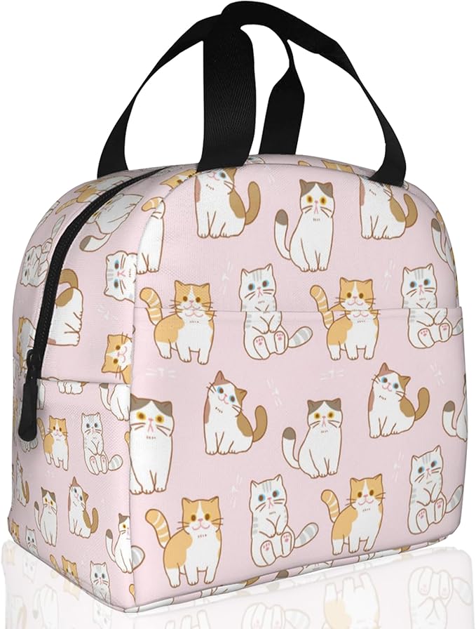 Cute Cartoon Cat Pink Lunch Box,Insulated Lunch Bag for Girls Boys,Reusable Lunch Box for Kids Adults School Student Work Picnic Travel