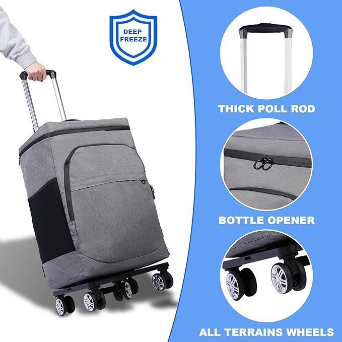 Cooler Bag Wheeled，Large Removable Insulated Rolling Cooler Collapsible Leakproof Portable Hard Framed Ice Packs for Camping Picnic Beach Travel（Gray）