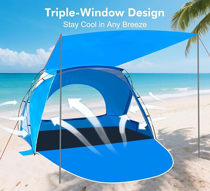 Beach Tent, Portable Sun Shelter for 2/3/4/6-8 Person with UPF 50+ UV Protection, Easy Setup Waterproof Beach Shade Canopy Cabana for Family Outdoor and Picnics, Fishing with Carrying Bag