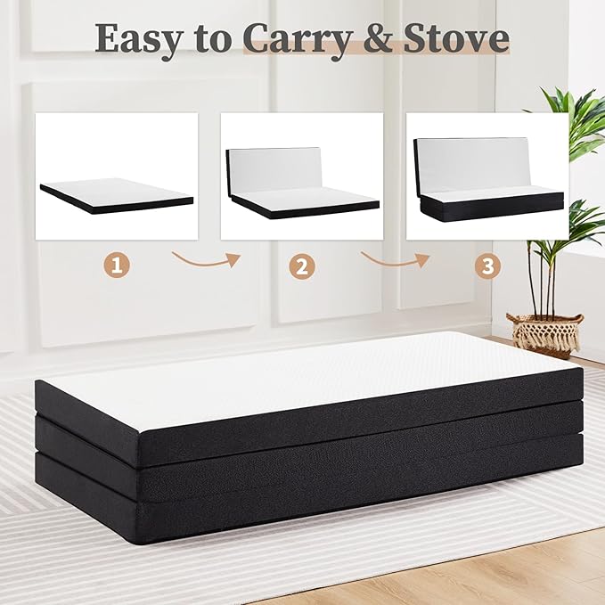 DUMOS Folding Mattress, 4 inch Tri-Fold Memory Foam Mattress, Foldable Mattress Topper with Washable Cover, Foldable Guest Bed, Travel Mat, 80"×60"×4", White