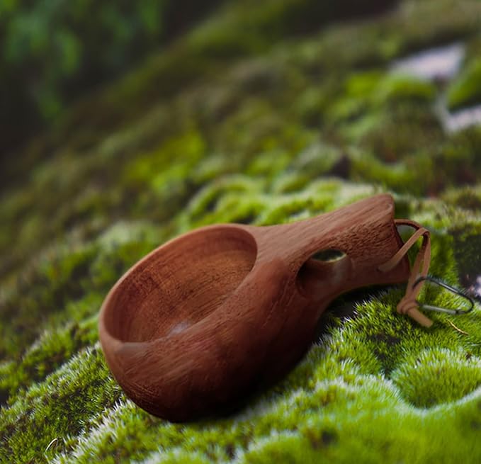 Camping Mug for Kuksa, Wooden Cup Camping Essentials Wood Cup Also Essential Equipment for Bushcraft Gear Made by Traditional Hand Carving and Equipped with Hanging Rope and aHandle(Light Brown)