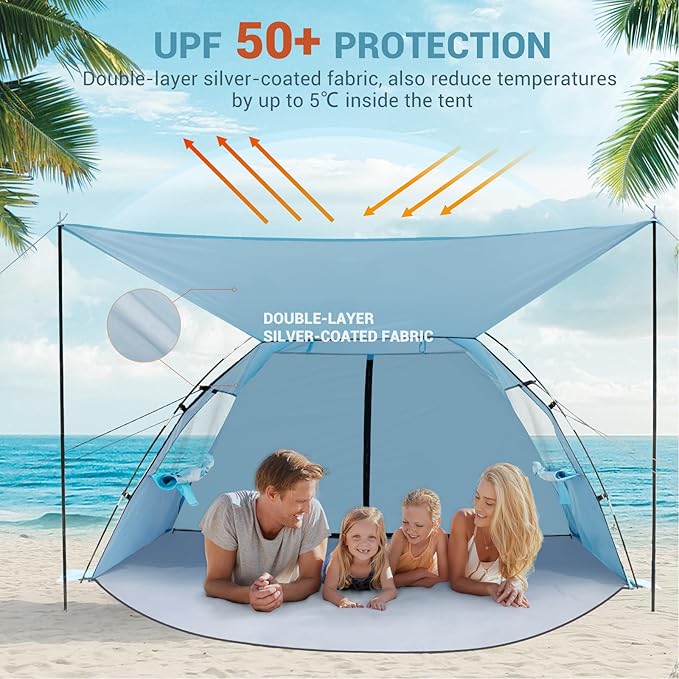 Elegear Beach Tent Sun Shelter with Canopy, 4-5 Person Pop Up Beach Tent, Easy Setup UPF 50+ UV Protection Portable Lightweight Double Silver Coating Beach Cabana Sun Shade Shelter - Sky Blue