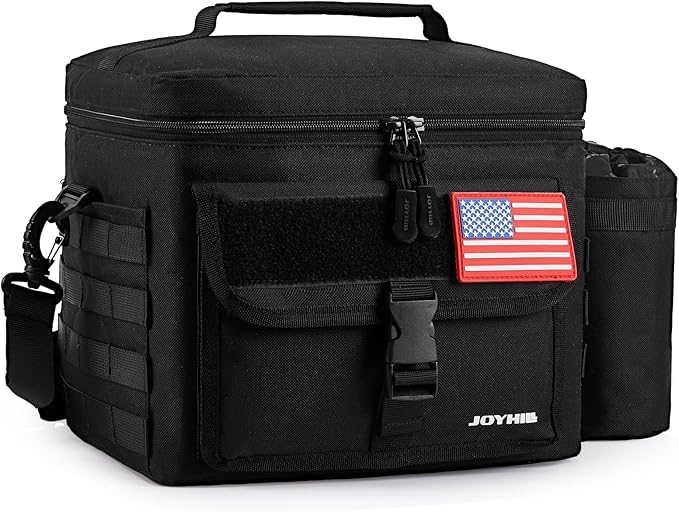 JOYHILL Tactical Lunch Box for Men, Insulated Lunch Bag with Detachable Bottle Pouch Holder, Large Durable Thermal Cooler Bag for Adult, Leakproof Bag for Work, Camping, Picnic, Black,13 L/18 Can