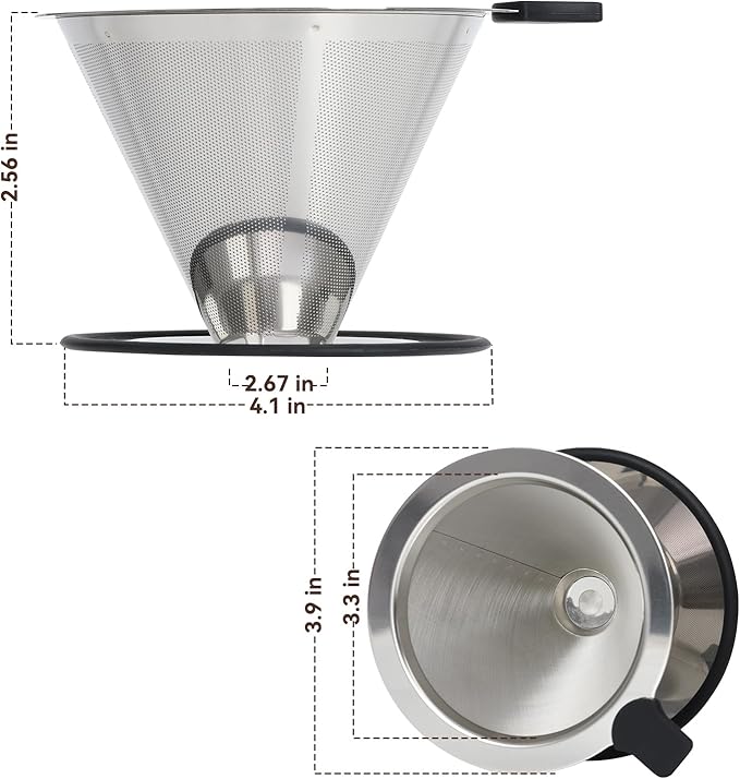 Pour Over Coffee Dripper Filter: Reusable Stainless Steel Coffee Filters - Metal Cone Filter Paperless Single Cup Coffee Maker 1-2 Cup with Double Mesh & Non-slip Cup Stand Sliver
