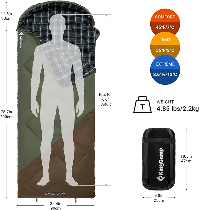 KingCamp Sleeping Bag for Adults, Cold Weather & Warm XL Big and Tall Flannel Sleeping Bags with Compression Sack Portable Waterproof Essentials Gear Accessories for Outdoor Camping