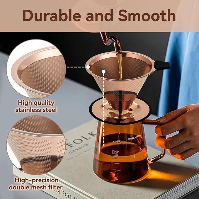 Pour Over Coffee Dripper Filter: Reusable Stainless Steel Coffee Filters - Metal Cone Filter Paperless Single Cup Coffee Maker 1-4 Cup with Double Mesh & Non-slip Cup Stand Rose Gold