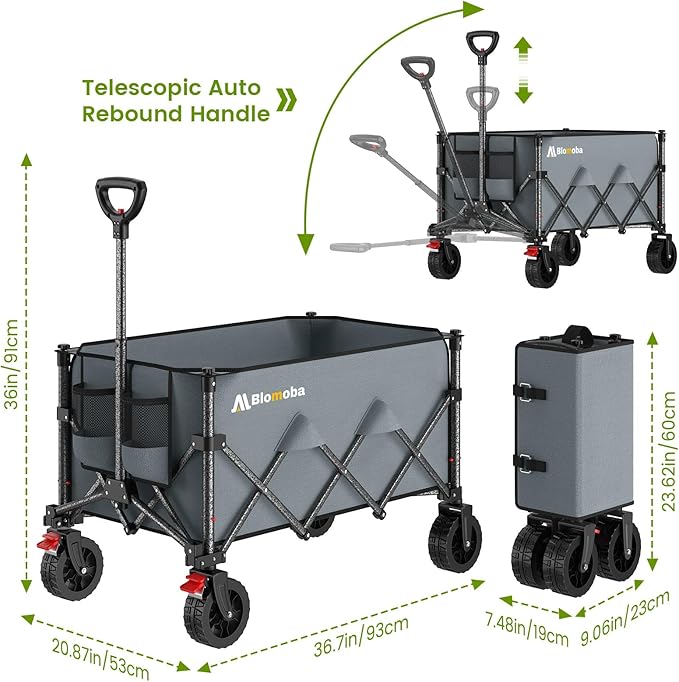 Collapsible Wagon Cart with Wider Wheels, 330lbs Heavy Duty Foldable Beach Wagon with Auto-Rebound Handle, 180L Utility Grocery Shopping Cart for Garden, Shopping, Camping, Sports, Gray