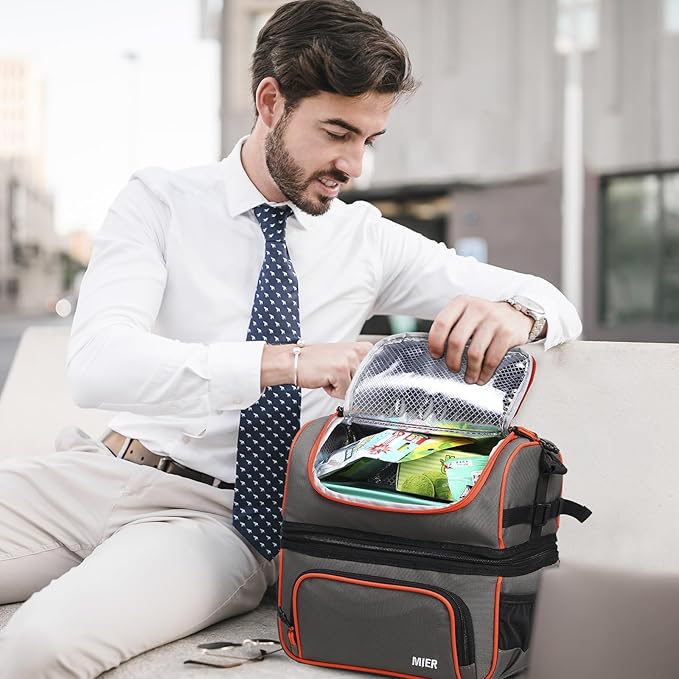 MIER 2 Compartment Lunch Bag Tote with Shoulder Strap for Men and Women Insulated Leakproof Cooler Bag, Grey/Orange