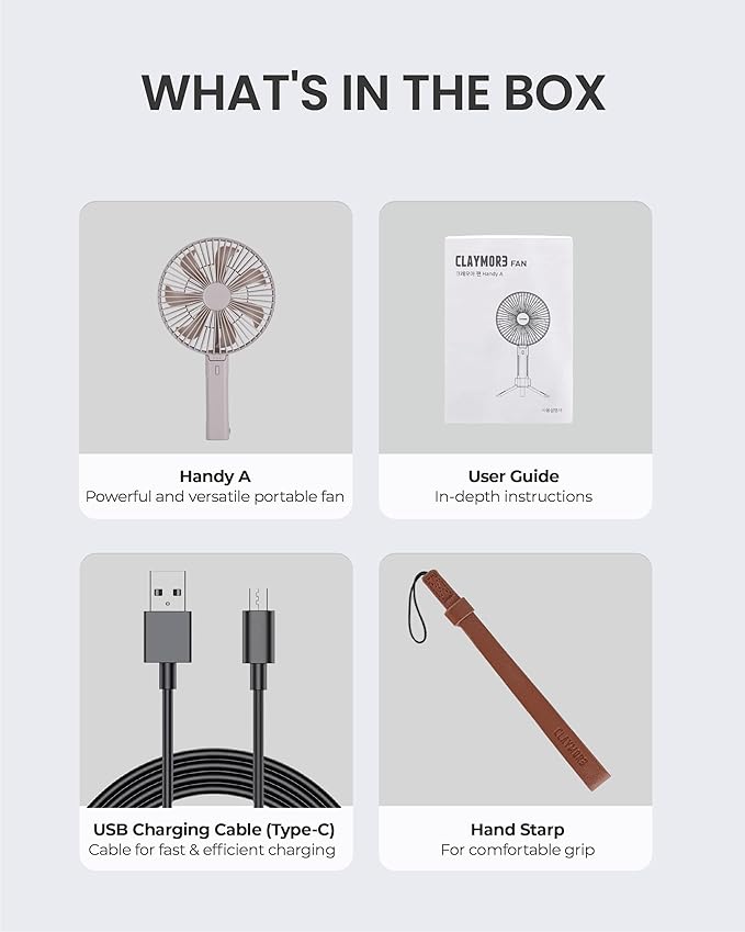 Claymore Handy A (Gray) Portable Handheld Fan - Rechargeable Foldable with Quiet BLDC Motor, USB-C Charging, 180° Adjustable Design, 6 Speed Settings, Personal Fan for Travel, Outdoor & Indoor Use