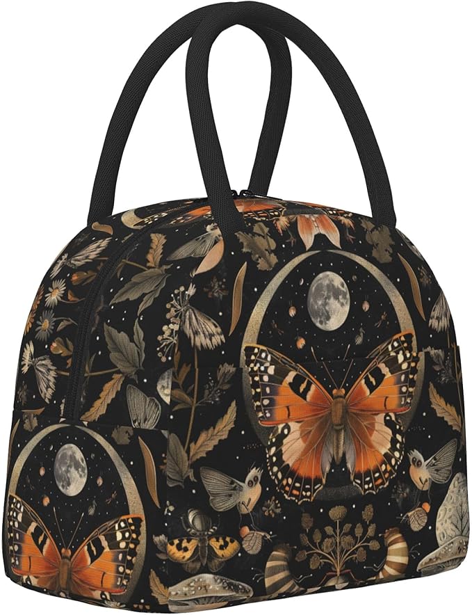 Orange Butterfly Moon Lunch Bag Lunch Box for Women Men Boys Girls, Reusable Insulated Lunch Tote Bag, Leakproof Thermal Cooler Sack Food Handbags High Capacity for Work School Picnic Camping Gifts
