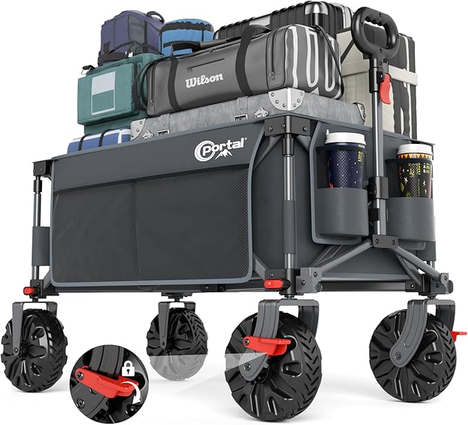 PORTAL Collapsible Wagon with Brakes, Heavy Duty Utility Cart with All-Terrain Wheels, Portable Folding Wagons for Camping, Beach, Garden, Shopping, and Groceries
