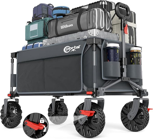 PORTAL Collapsible Wagon with Brakes, Heavy Duty Utility Cart with All-Terrain Wheels, Portable Folding Wagons for Camping, Beach, Garden, Shopping, and Groceries
