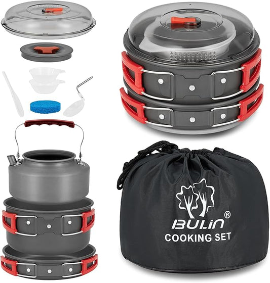 Bulin 24/13/11/8/4 PCS Camping Cookware Mess Kit Lightweight Backpacking Cooking Set Outdoor Cook Gear for Family Hiking, Picnic(Kettle, Pot, Frying Pan, Bowls, Plates, Spoon)