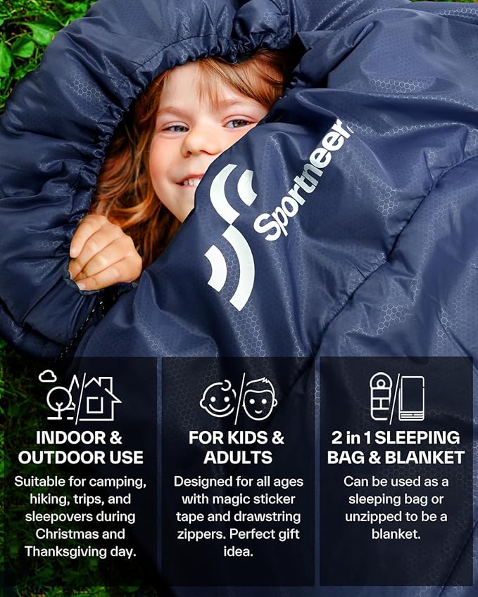 Sportneer Sleeping Bags for Adults, Warm & Cold Weather Sleeping Bag for Adults Kids Boys Girls - Lightweight Compact Camping Gear Equipment, Traveling, Backpacking, Hiking