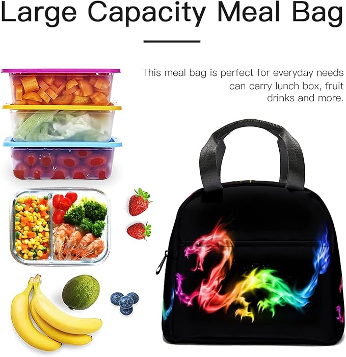 Giwawa Rainbow Dragon Insulated Lunch Bag Colorful Fire Animal Print Reusable Lunch Cooler Tote Box with Front Pocket & Zipper Closure for Kids Woman Man Work Picnic Travel