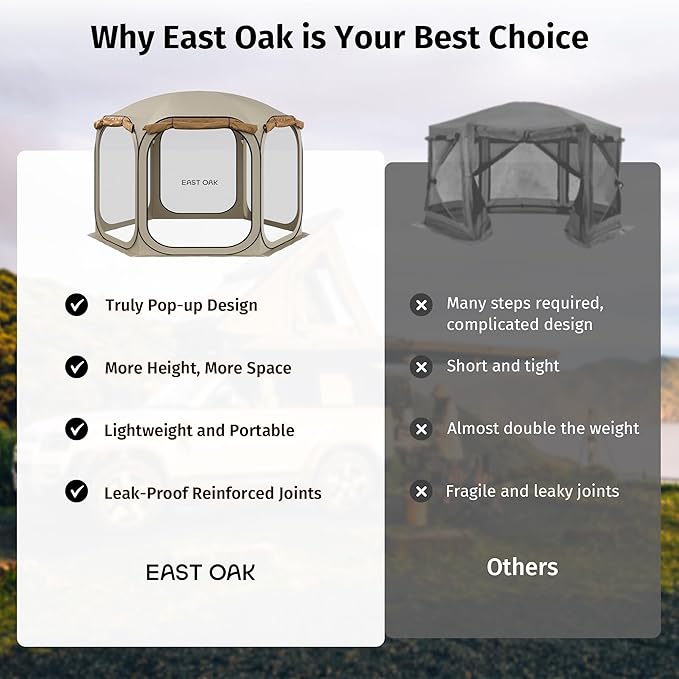 East Oak 12×12 FT Pop Up Canopy Tent with Mesh | Outdoor Screen House with 4 Sunshades | Instant Canopy with Portable Carry Bag | Gazebo Tent for Camping, Patio, and Beach | Beige