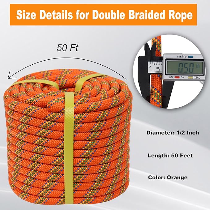 Double Braided Arborist Rope -1/2 Inch x 50 Feet Polyester Rope - High Strength Climbing Rope for Tree Work, Halyard, Sailing (Orange)