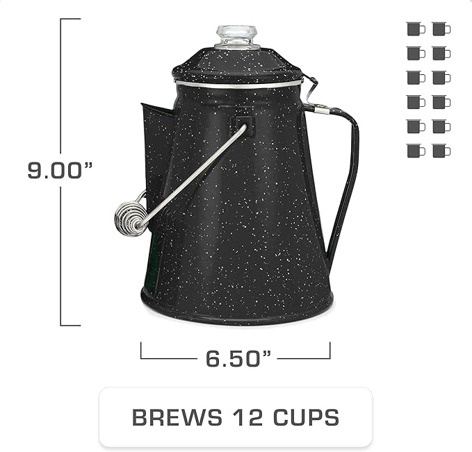 COLETTI Classic Enamel Set Coffee Percolator & Mugs — The Most Nostalgic Camping Coffee Pot, Now Modernized [Black Enamel, 12 Cup Percolator Coffee Pot & Set of 4 Mugs]