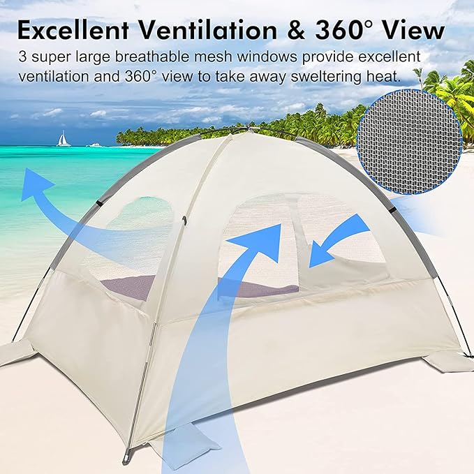 WhiteFang Beach Tent Anti-UV Portable Sun Shade Shelter for 3/4/6/8 Person, Extendable Floor with 3 Ventilating Mesh Windows Plus Carrying Bag, Stakes and Guy Lines