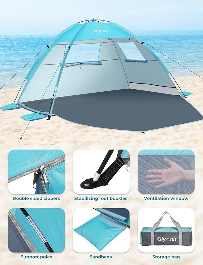 Beach Tent Sun Shelter for 3 Person with UPF 50+ UV Protection, Lightweight & Easy Setup Beach Shade Canopy with Vent Windows & Zippered Door