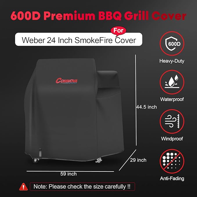 Comnova Grill Cover 59 Inch - 600D Premium BBQ Cover for Weber 24 Inch SmokeFire Wood Pellet Grill (EX4), Outdoor Smoke Fire Cover for Weber Grill Heavy-Duty and Waterproof (Black)