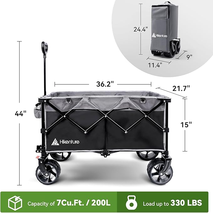 Hikenture Collapsible Wagon Cart, 330lbs Capacity Beach Wagons with Big Wheels for Sand, Heavy Duty Foldable Cart with Brakes, Portable Utility Folding Garden Cart for Outdoor